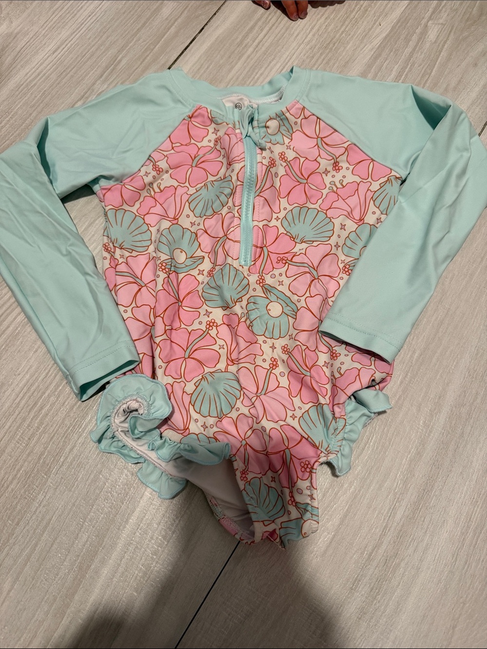 Caden Lane Mint Sleeve Pink Floral Seashell One-Piece Swimsuit Rash-guard